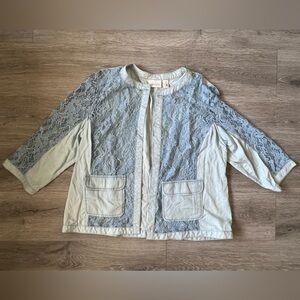 Chico's Denim And Lace Mix Print Jacket Blue Chambrey Womens 3 NEW